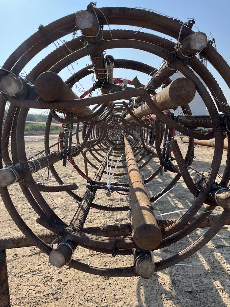 Interior view of pile cage reinforcement before placement