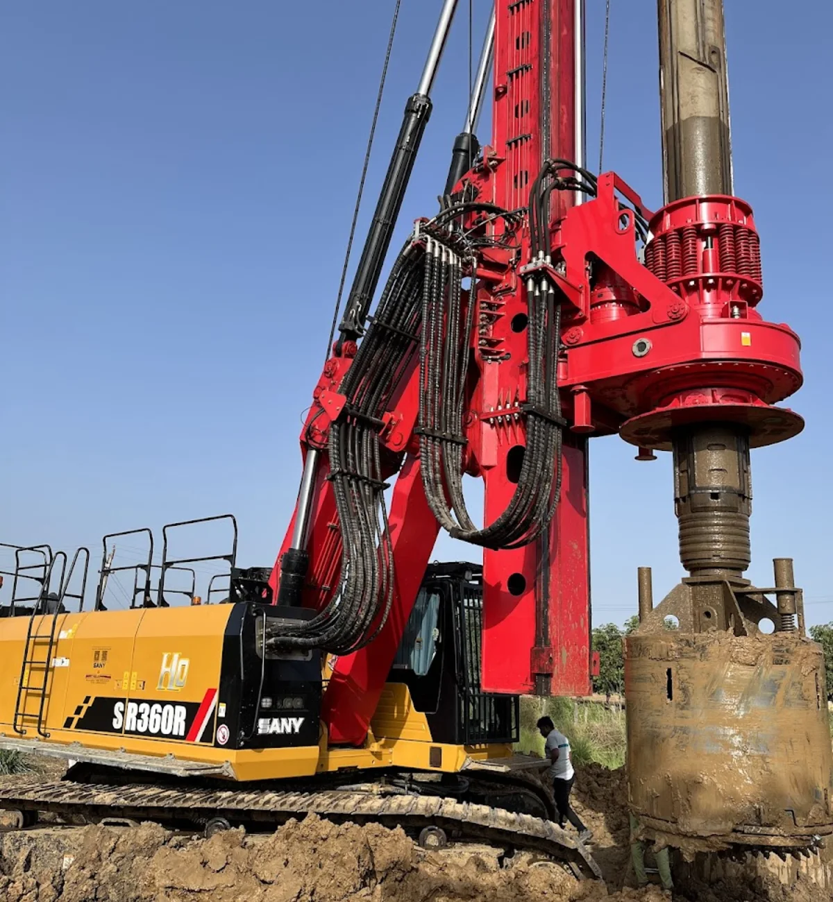 Rotary drilling rig detail at a foundation and drilling site